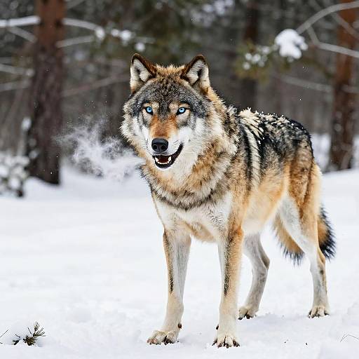 Photograph of a striking gray and brown wolf with piercing blue eyes standing in a snowy forest, facing the camera, with a background of snow-covered trees