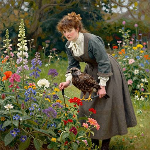 Victorian-era woman with curly brown hair and white ruffled blouse, wearing dark dress, bends to gently touch a blackbird amidst vibrant, colorful garden
