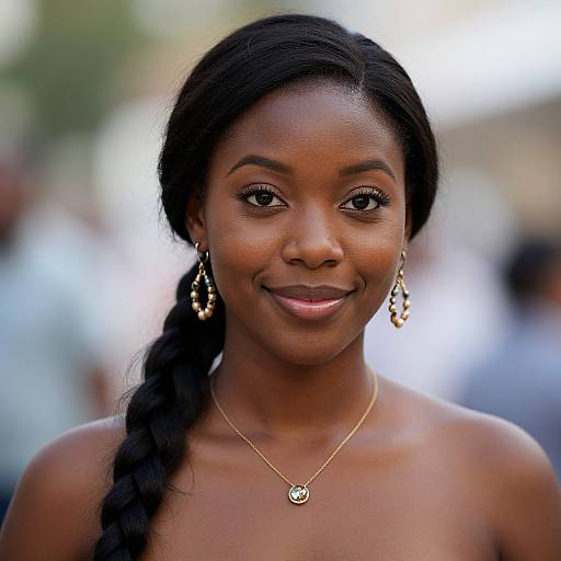 Photograph of a smiling, dark-skinned woman with long braided hair, wearing gold earrings and necklace, against a blurred outdoor background.