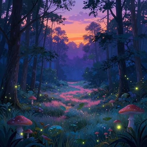 Whimsical forest at sunset, vibrant purple and orange sky, glowing fireflies, red-capped mushrooms, tall trees, lush greenery, magical