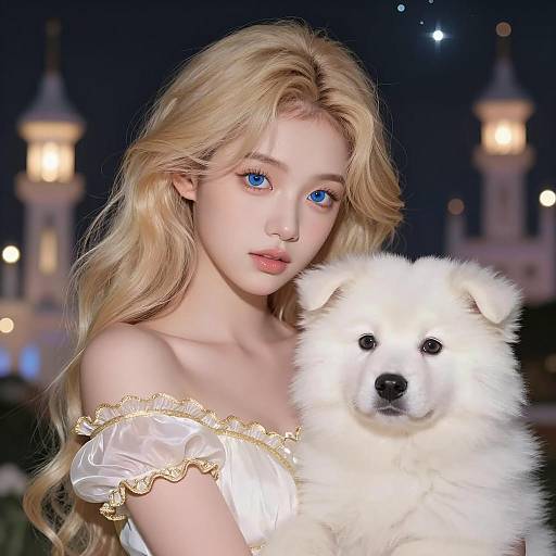Blonde Girl with Fluffy White Puppy at Night