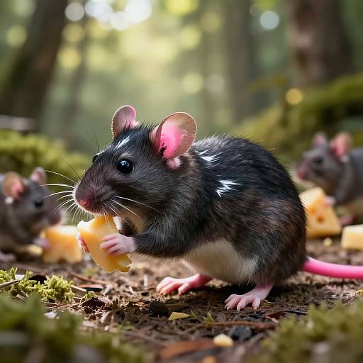 Realistic Black Mouse Eating Cheese
