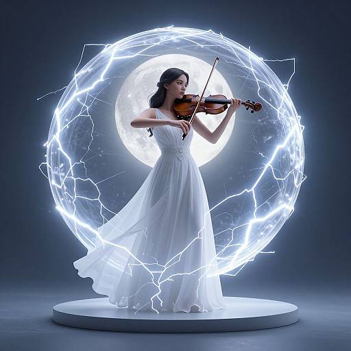 Photograph of a woman in a flowing white dress playing violin, surrounded by a glowing, electrified circular light against a dark background.