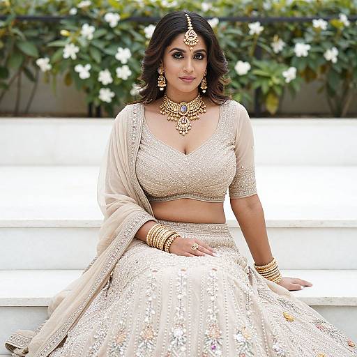 Photograph of a beautiful South Asian woman in a gold-embellished cream traditional outfit, seated outdoors, adorned with intricate jewelry and a maang