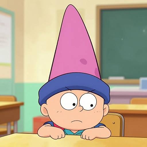 Cartoon boy with large pink cone hat, blue headband, and worried expression, rests hands on classroom desk, chalkboard in background.