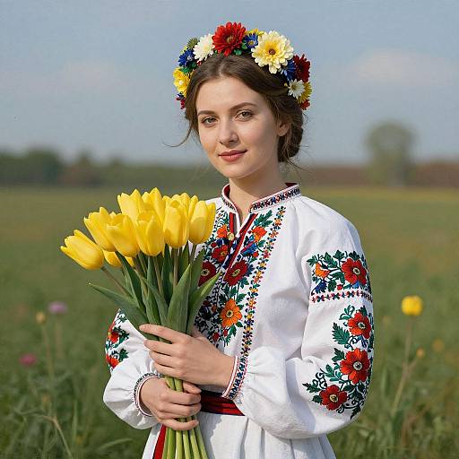 Photograph of a young woman with fair skin, brown hair, and red lips, wearing a white embroidered dress, flower crown, and holding yellow tul