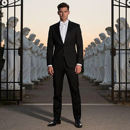 Photograph of a serious, dark-haired man in a black suit and white shirt standing in front of a row of white statues, framed by black iron