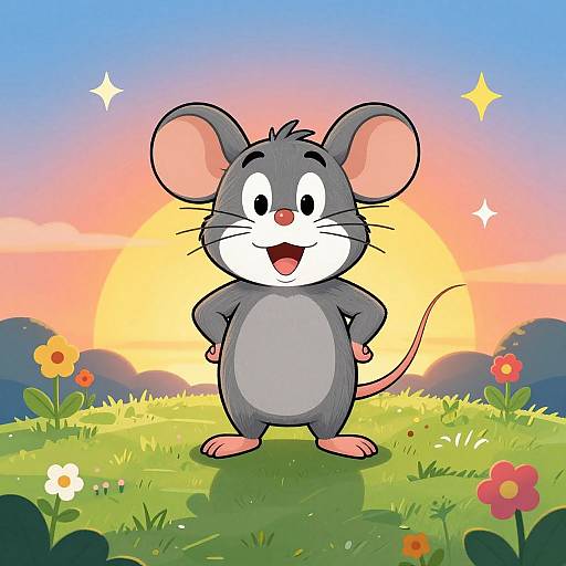 Cartoon gray mouse with large ears and white chest stands on grassy hill, smiling at sunset with colorful flowers and stars.