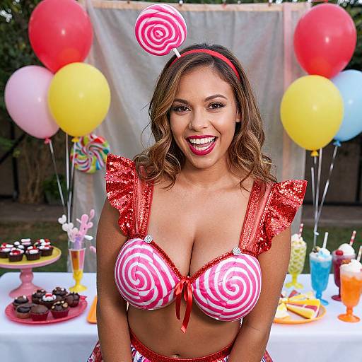 Photograph of a smiling woman with light brown skin and wavy brown hair, wearing a red sequined bikini top with pink and white swirl candy cups