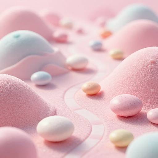 Photograph of pastel pink and white foam-like spheres with a soft, textured surface, scattered across a glowing pink background.