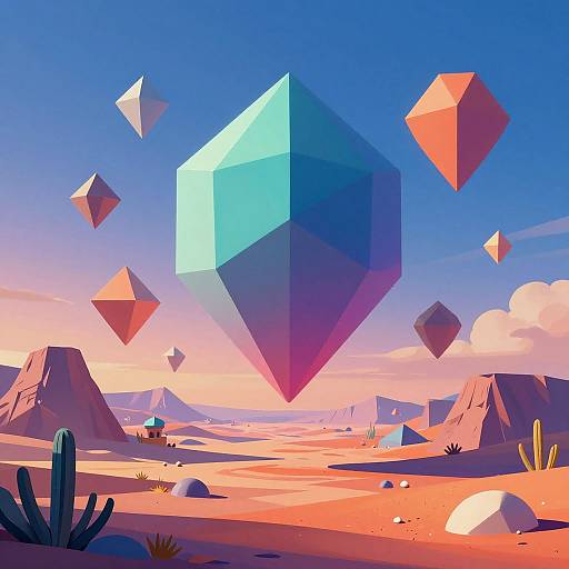 Digital art: Vibrant desert landscape with floating geometric cubes in blue and pink hues, cacti, and rocky mountains under a bright blue sky.
