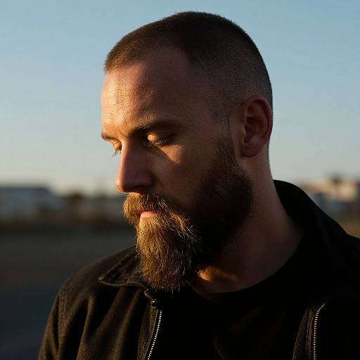 Photograph of a bearded man with short hair, shadowed profile, golden sunlight, black hoodie, clear blue sky, soft background, contemplative