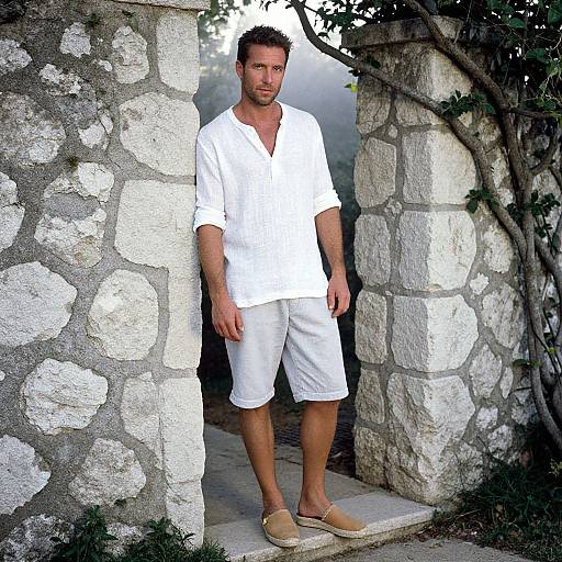 Photograph of a casually dressed man in white shirt and pants, standing in a stone doorway with vines, wearing beige sandals.