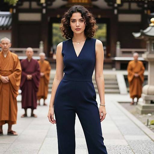 Photograph of a curly-haired woman in a sleeveless black jumpsuit standing confidently in front of blurred monks in orange and maroon robes.