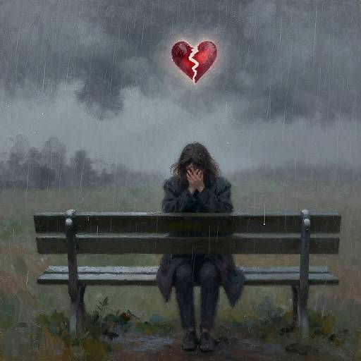 Digital painting: Sad woman with dark hair, covering face, sits on a rainy, foggy bench, wearing a black coat. Above, a broken
