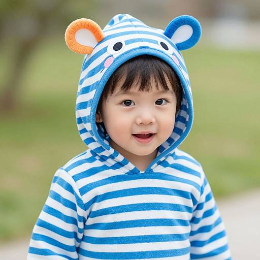 Cheerful Child in Striped Hooded Outfit