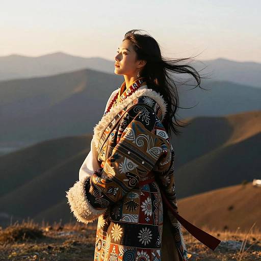 Photograph of a young Asian woman with long black hair, wearing a patterned, fur-trimmed coat, standing in a mountain landscape at sunset