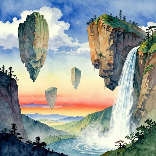 Fantasy landscape painting: towering cliffs with floating islands, waterfall, vibrant sunset sky, winding river, and lush greenery. Watercolor style.