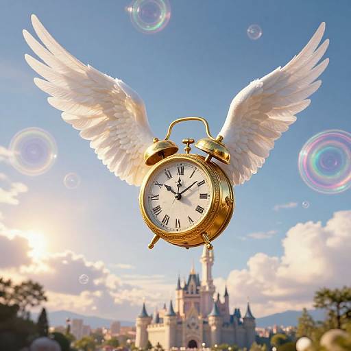 Digital artwork of a golden alarm clock with white angel wings soaring above a fairy-tale castle, surrounded by colorful bubbles.