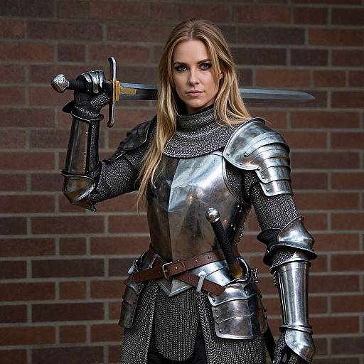 Photograph of a blonde woman in medieval-style silver armor, holding a sword, standing against a brick wall. Intense expression.
