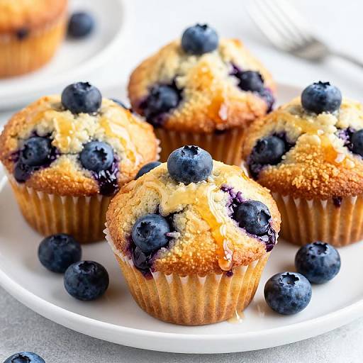 Photograph of freshly baked blueberry muffins with golden-brown tops, generously topped with plump blueberries, on a white plate.