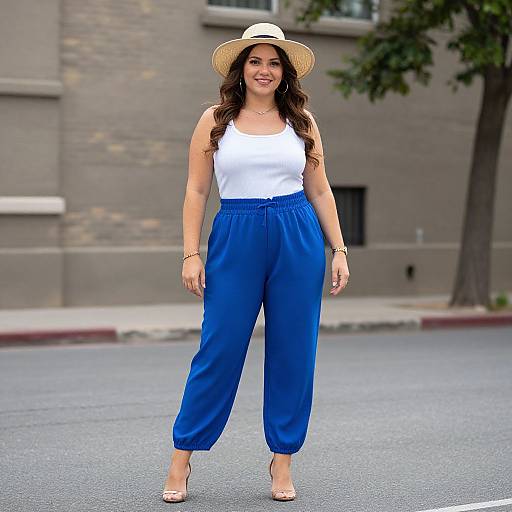 Plus Size Woman in Blue Pants and Hat