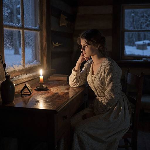 Photograph of a pensive woman in a white, lace dress, seated by a wooden table with a lit candle, gazing out a snowy window