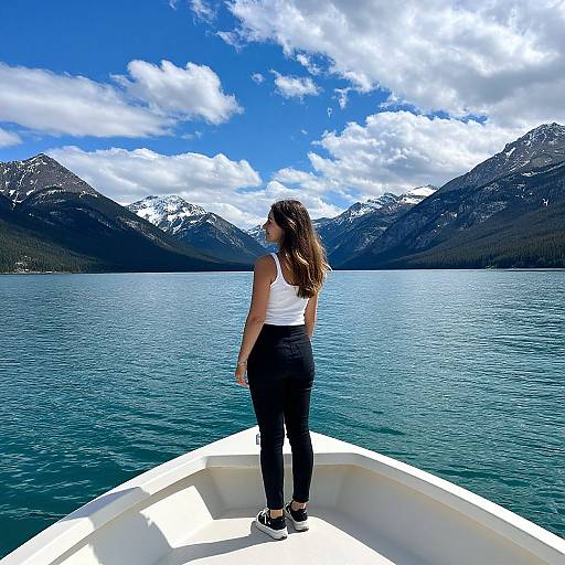 Photograph of a woman with long brown hair in a white tank top and black pants, standing on a white boat, facing a serene, snow-c