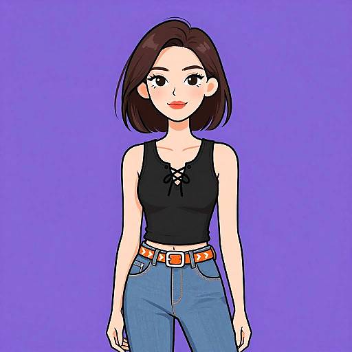 Digital anime-style drawing of a smiling woman with short brown hair, wearing a black lace-up tank top and blue jeans with an orange belt, against a