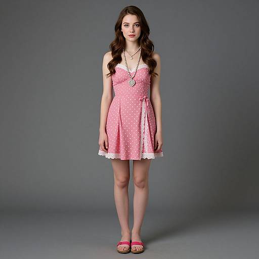 Photograph of a young woman with long dark hair, wearing a pink polka-dot dress, white lace trim, pink sandals, and a long necklace