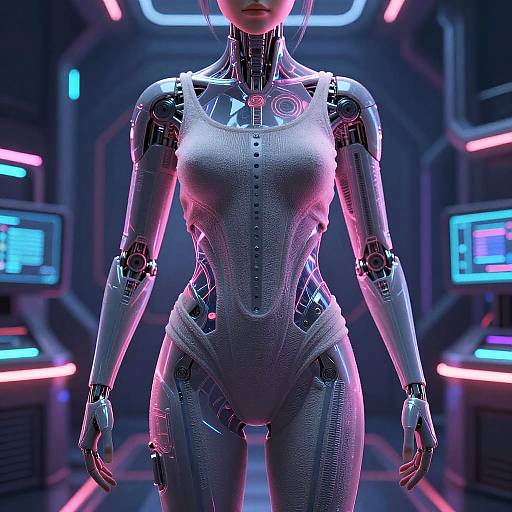 Photorealistic CGI of a sleek, futuristic female robot with a metallic, textured bodysuit, neon lights, and a dark sci-fi room.