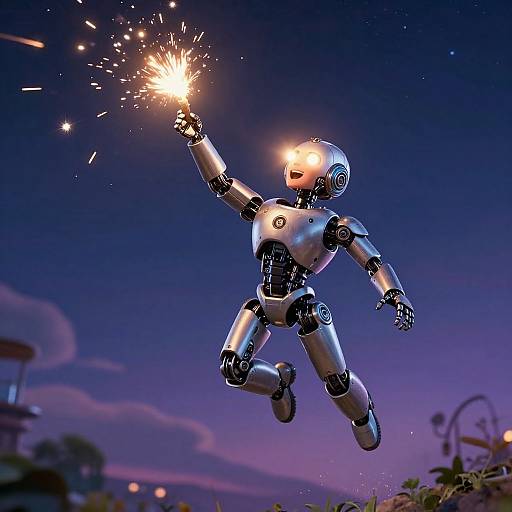 CGI image of a silver robot with glowing orange headlight, jumping and sparking a firework against a twilight sky.