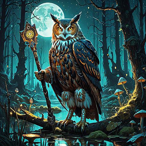 Giant Owl Mage in Enchanted Moonlit Swamp
