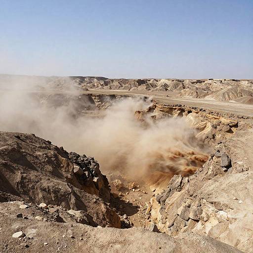 Photograph of a dusty, rocky desert landscape with a large crater, surrounded by barren, brown hills under a clear blue sky.