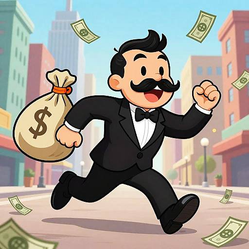 Cartoon of a smiling, mustached man in a black suit running down a city street, holding a money sack with a dollar sign, with money