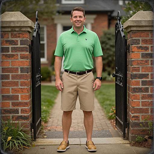 Photograph of a smiling man in a green striped polo, beige shorts, and tan shoes standing in a brick gate entrance.