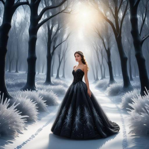 Woman in elegant black gown in snowy forest