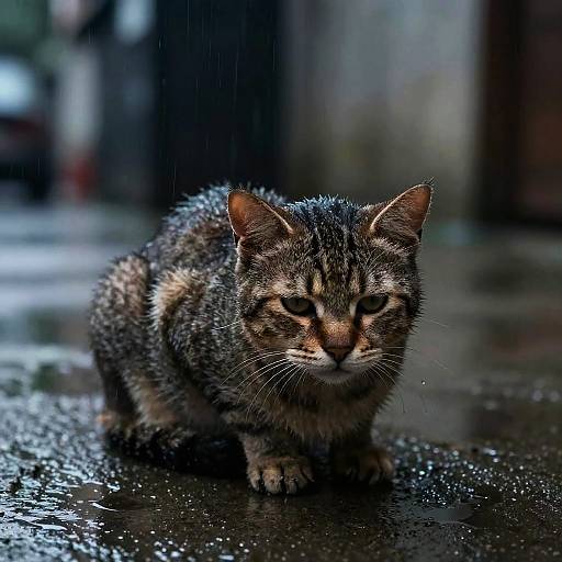 Sad Wet Cat on Rainy Street