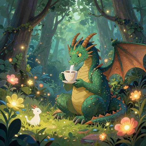 Dragon Enjoying Coffee in Enchanted Forest
