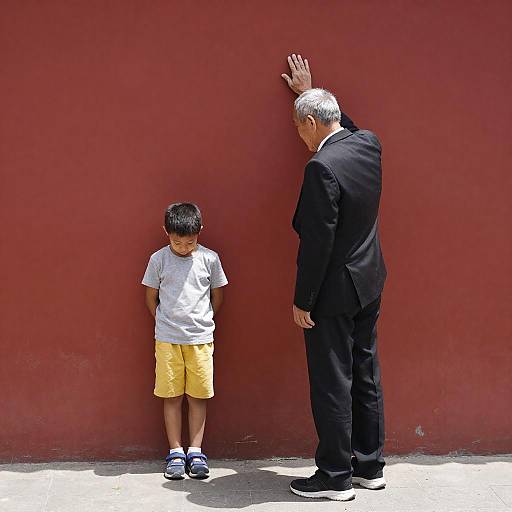 Elderly Man and Boy by Red Wall