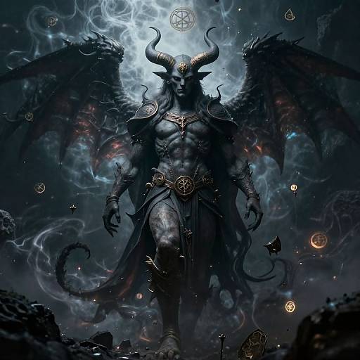 Digital artwork of a muscular, dark-hued demon with black wings, horns, and glowing eyes, standing amidst swirling smoke and mystical orbs.