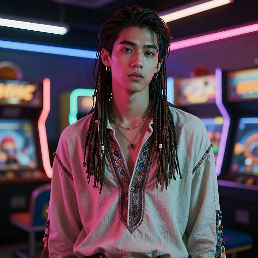 Male Model with Long Fringe Hairstyle in Neon Arcade