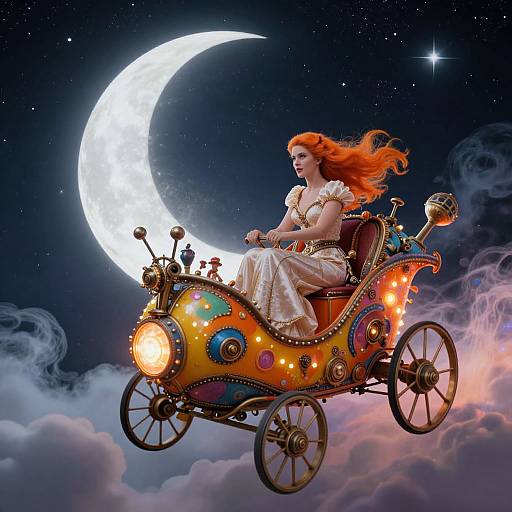 Fantasy illustration: A red-haired woman in a white dress rides a colorful, steampunk carriage with glowing lights, under a bright crescent moon
