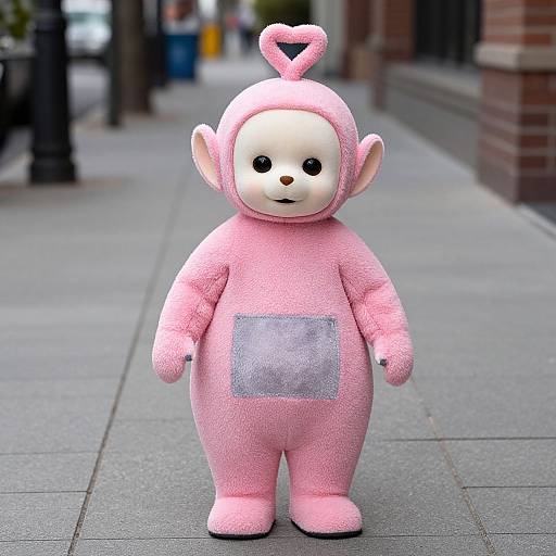 Pink Teletubby Costume on Sidewalk