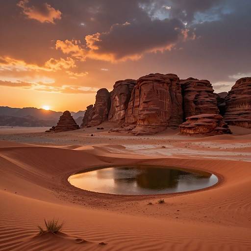 Photograph of a dramatic desert sunset with a large, reflective waterhole in the foreground, surrounded by red rock formations under a vibrant, orange and purple