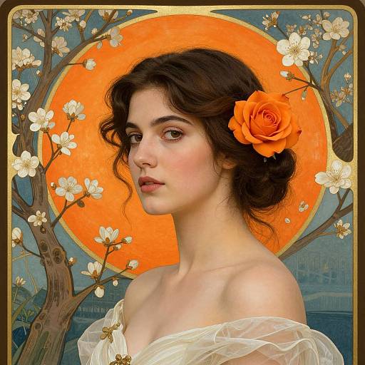 Digital art of a fair-skinned woman with dark brown hair, an orange rose, and white blossoms against an orange sunburst background.