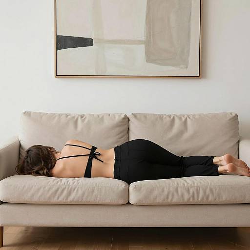 Woman Lying Face Down on Beige Couch