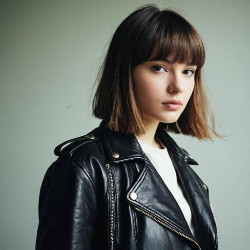 Young Woman with Side Swept Bangs in Leather Jacket