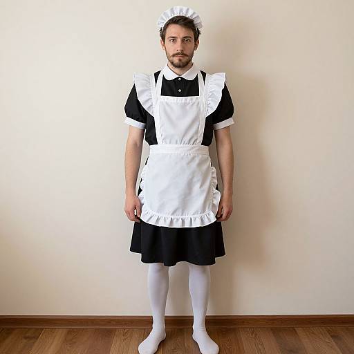 Photograph of a bearded man with short dark hair, wearing a black maid outfit with white apron, cap, and stockings, standing against a