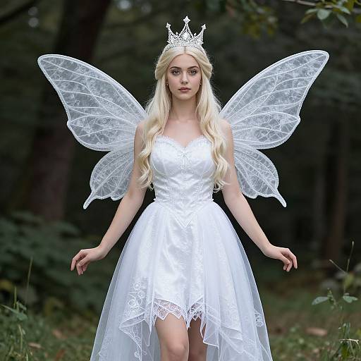 Photograph of a blonde woman with long hair, wearing a white crown, white lace dress, and translucent fairy wings, standing in a dark forest.